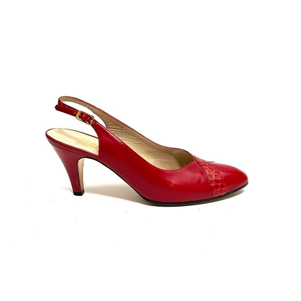 FERRAGAMO | Vintage 1980s red leather snakeskin appliqué slingback heels